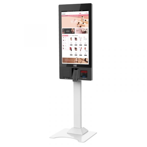 The SmartPOS 80 is a self-service kiosk system for fast food and retail restaurants with a touch screen and various options - Front
