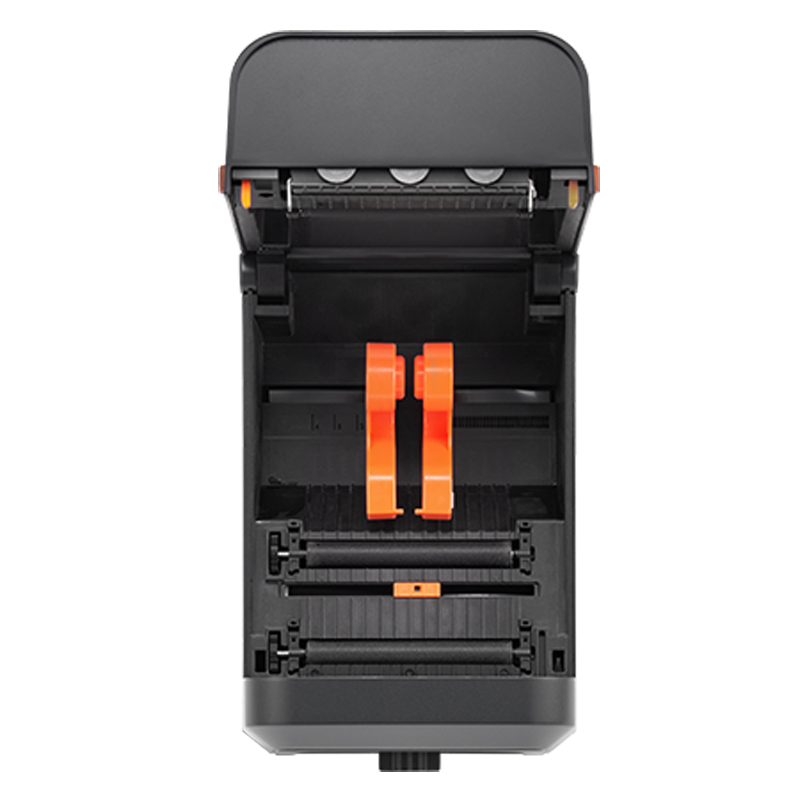 BIXOLON XL5-40 ist ein ergonomisch gestalteter reißfester 4″ - Thermodirekt-Etikettendrucker mit sparsamen Linerless-Etikettierungsfunktionen zum Drucken - Deckel geöffnet